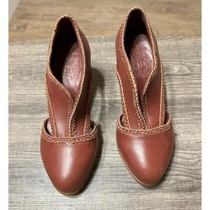 ELF Spirit Walker Brown Leather Braided Strap Pumps Block Heel Brown Size 9